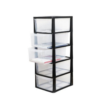 A4 Plastic Storage Drawers Unit – 5 Drawer Slimline Tower | Tall Medium Storage Cabinet for Home, Office, Bedroom &amp; Garage (77cm Height, Clear Drawers)