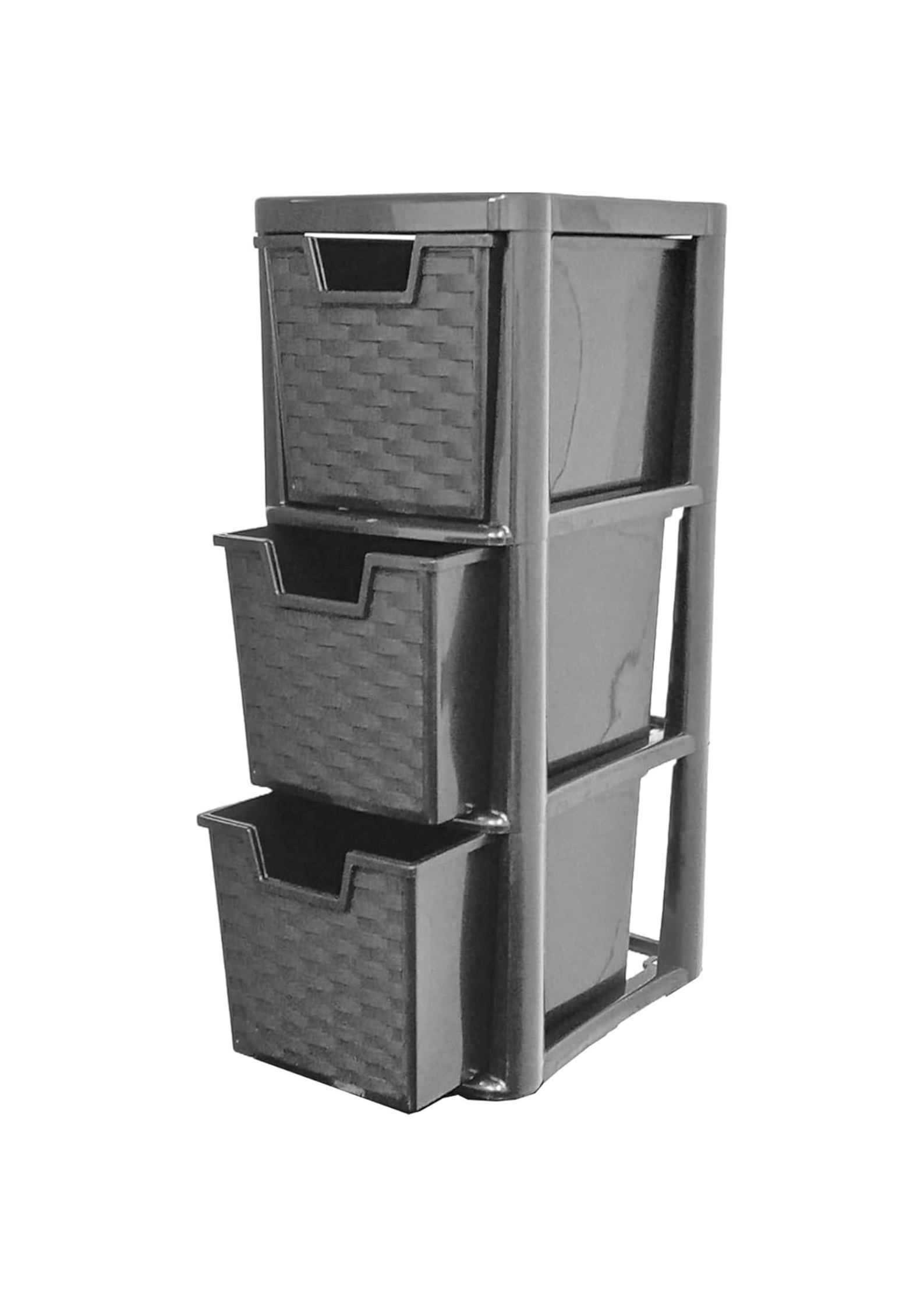 3 Drawer Rattan Effect Storage Tower - Black | Compact Plastic Storage Unit for Home, Office, Garage, Bathroom &amp; Kitchen